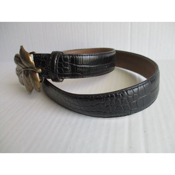 *Talbots Black Leather Croc Belt Patent Embossed Leaf Punch Buckle - Picture 7 of 7
